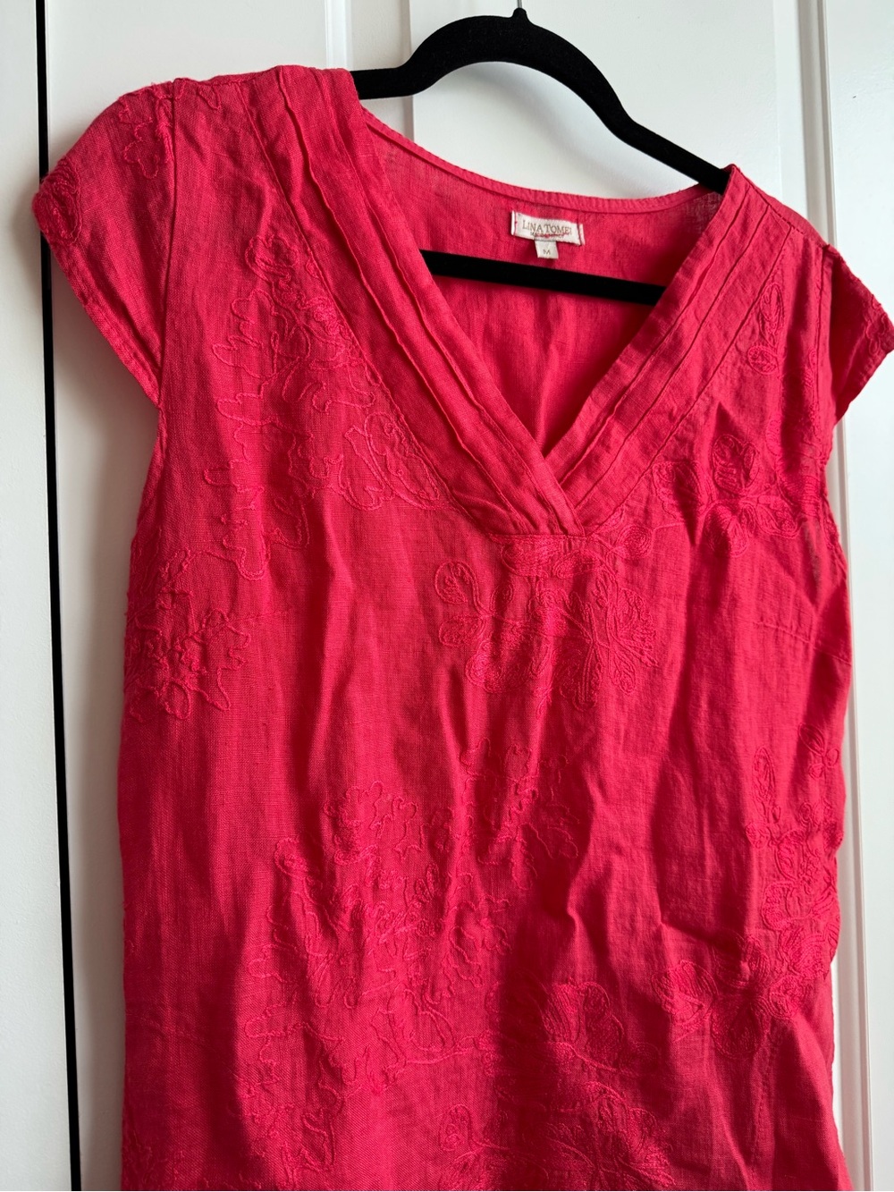 Lina Tomei Made in Italy Pink Embroidered Linen Shift Dress M
